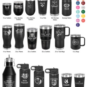 May include: A variety of black stainless steel tumblers, mugs, water bottles, and growlers with different designs and logos. The products are all part of the High Endurance drinkware line.