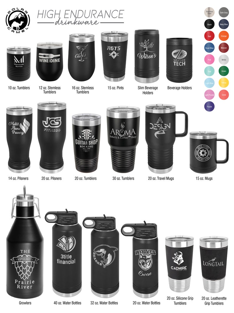 May include: A variety of black stainless steel tumblers, mugs, water bottles, and growlers with different designs and logos. The products are all part of the High Endurance drinkware line.