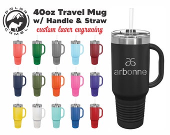 Custom Laser Engraved 40oz Travel Tumblers - Bulk Rates - Stainless Steel Powder Coated Polar Camel w/ Handle + Straw