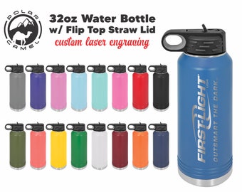 Custom Laser Engraved 32oz Bottles - Hydro Style Stainless Steel Powder Coated Polar Camel Water Bottle w/ Flip Top Straw Lid