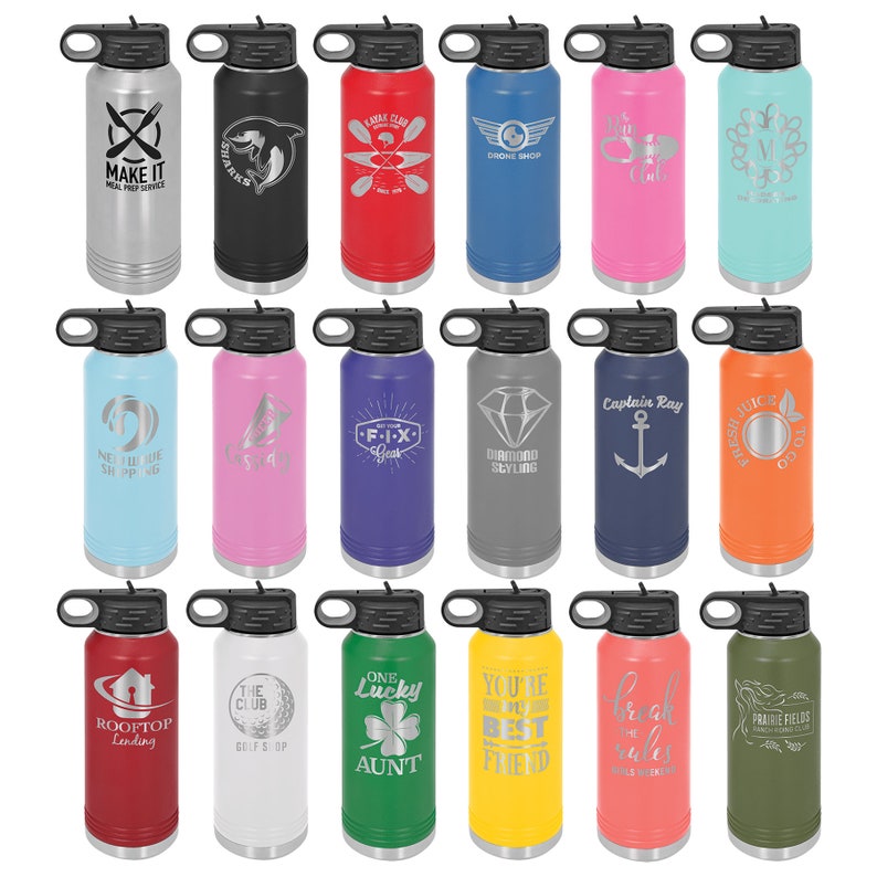 May include: A collection of 18 stainless steel water bottles with various colors and designs. The bottles have a black lid with a carrying handle. The designs include text, logos, and graphics.