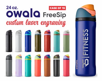 Bulk Owala FreeSip 24oz Bottles Laser Engraved - (Case of 15) - Stainless Steel Powder Coated Straw Water Bottle w/ Flip Top Leak Proof Lid