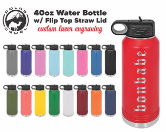 Custom Laser Engraved 40oz Bottles - Hydro Style Stainless Steel Powder Coated Polar Camel Water Bottle w/ Flip Top Straw Lid