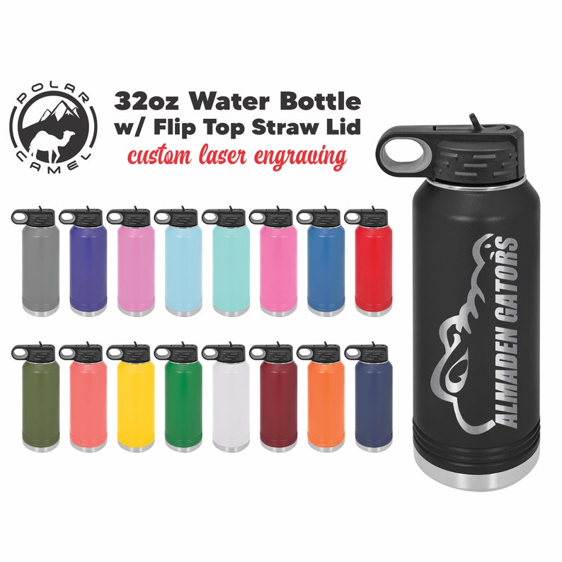 May include: A set of 18 stainless steel water bottles with a flip top straw lid. The bottles are in various colors, including gray, blue, pink, light blue, turquoise, red, green, yellow, white, maroon, orange, and navy. The bottles are 32 ounces and have a custom laser engraving option. One bottle is engraved with the text "ALMADEN GATORS".
