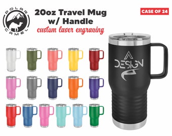 Bulk Custom Laser Engraved 20oz Travel Mugs - (Case of 24) - Stainless Steel Powder Coated Polar Camel w/ Handle + Sliding Lid
