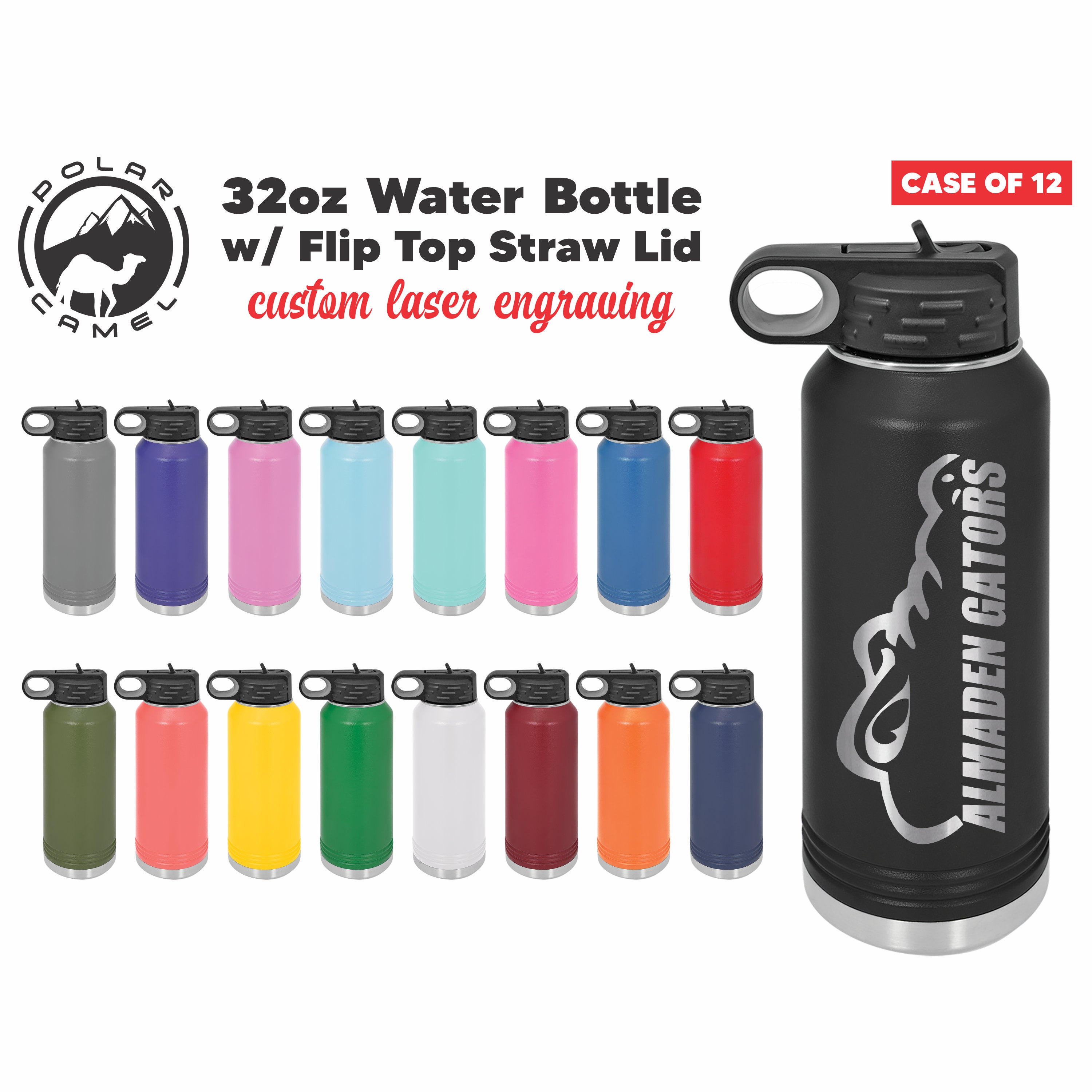 Bulk Custom Laser Engraved 32oz Bottles case of 12 Hydro Style Stainless  Steel Powder Coated Polar Camel Bottles 