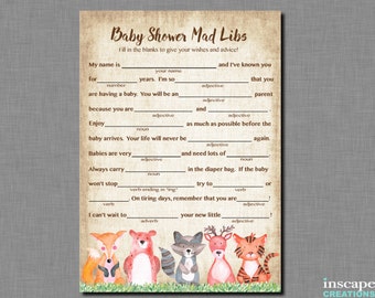 Woodland Mad Libs Game Printable Woodland Animals Baby Shower Madlibs Game Rustic Country Boy Girl Gender Neutral Forest Unique Cute Madlibs