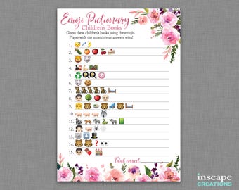 Emoji Game, Floral, Pink Baby Shower Emoji Game Printable, Emoji Pictionary Children’s Books Game Country Flowers, Girl Baby Shower Activity