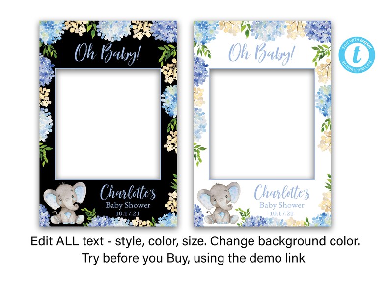 Oh Baby Blue Elephant Shower Photo Prop Frame Template Elephant Baby Shower Photo Prop Frame