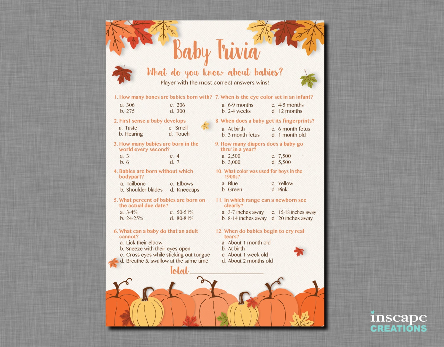 Baby Trivia Game Printable Pumpkin Baby Shower Baby Trivia Etsy