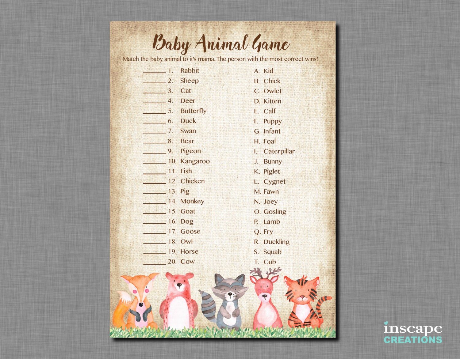 Woodland Baby Animal Name Game Printable Rustic Country Forest Etsy