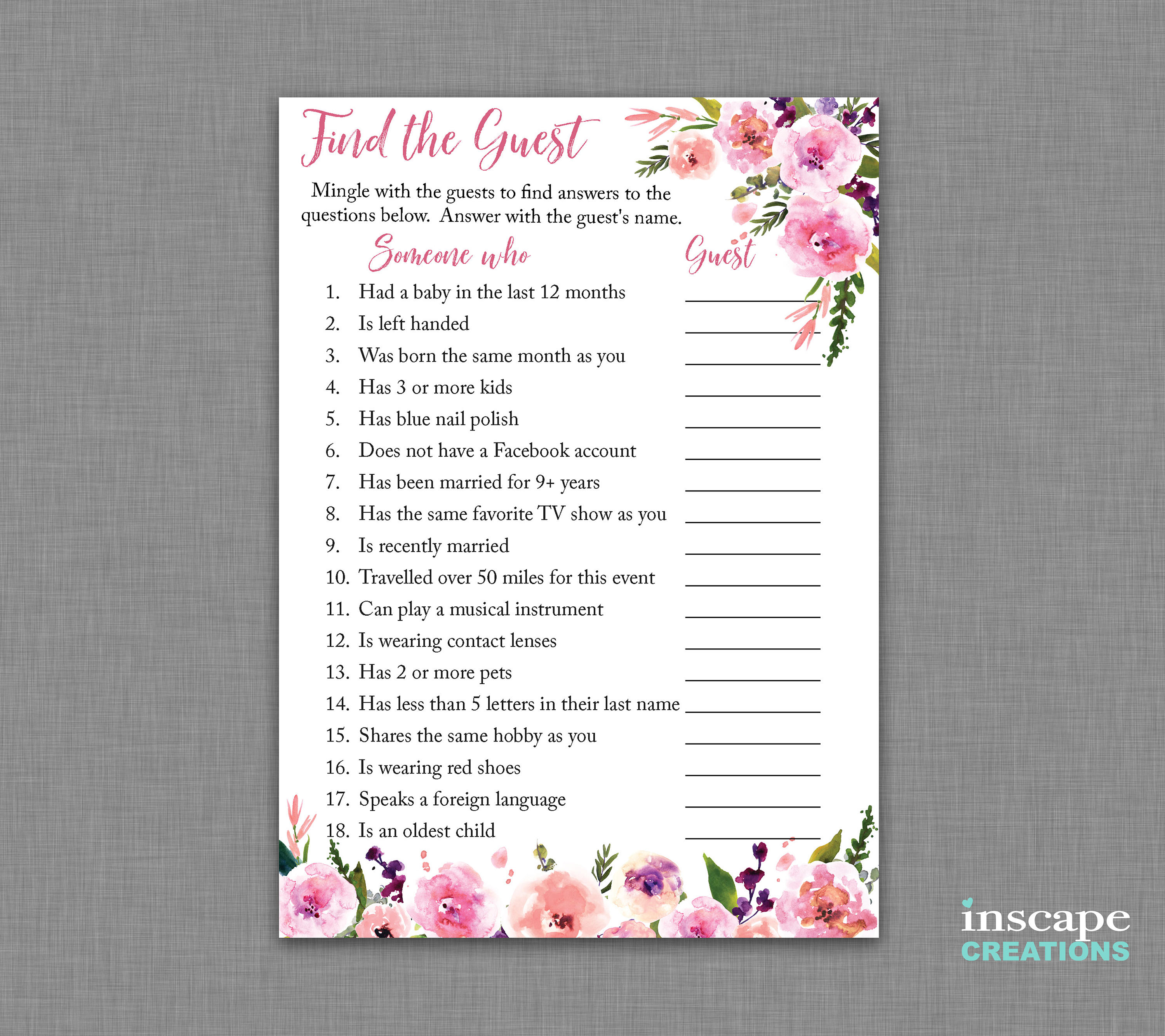 Find the Guest Game Printable Find the Guest Baby Shower | Etsy