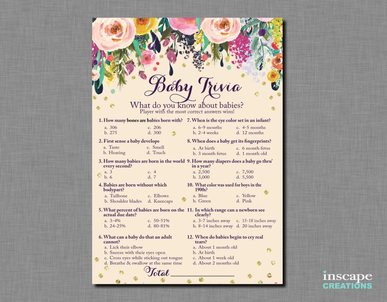 Baby Trivia Game Printable Floral Baby Shower Baby Trivia Etsy
