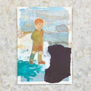 boy - Original Art Mixed Media Collage Postcard Unframed - Blue