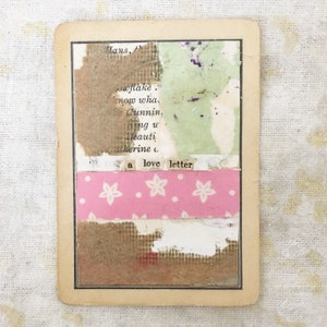 una carta de amor - arte original collage analógico medios mixtos en naipes sin marco - romance romántico rosa verde pequeño arte