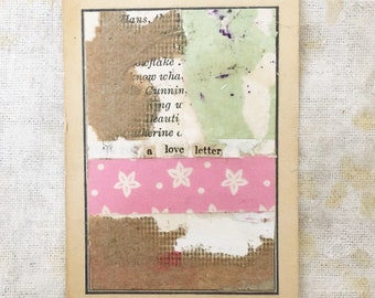 a love letter - original art analog collage mixed media on playing card unframed - romantic romance pink green small art