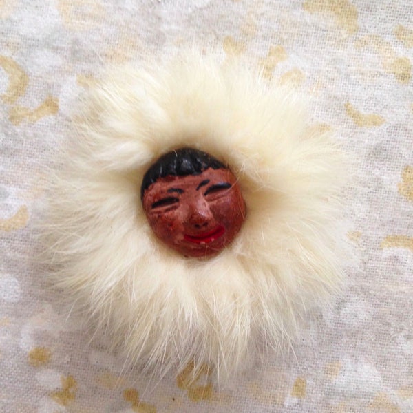 Vintage Eskimo Smiling Face Pin 3" Smile Alaska Alaskan