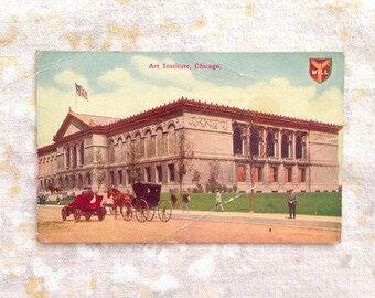 Vintage Art Institute of Chicago Museum Postcard - IL Illinois Color Building Horse Buggy Street View Typewritten VTG