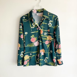 Pls Read - Vintage Sears Womens Size Small Polyester Blouse Green Floral Print Long Sleeve