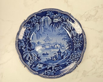 Prato de sopa antigo Staffordshire Chinoiserie Transferware
