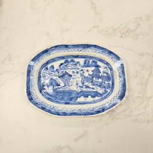 Antique 18th Century Hand Painted Blue and White Chinese Canton Porcelain Platter