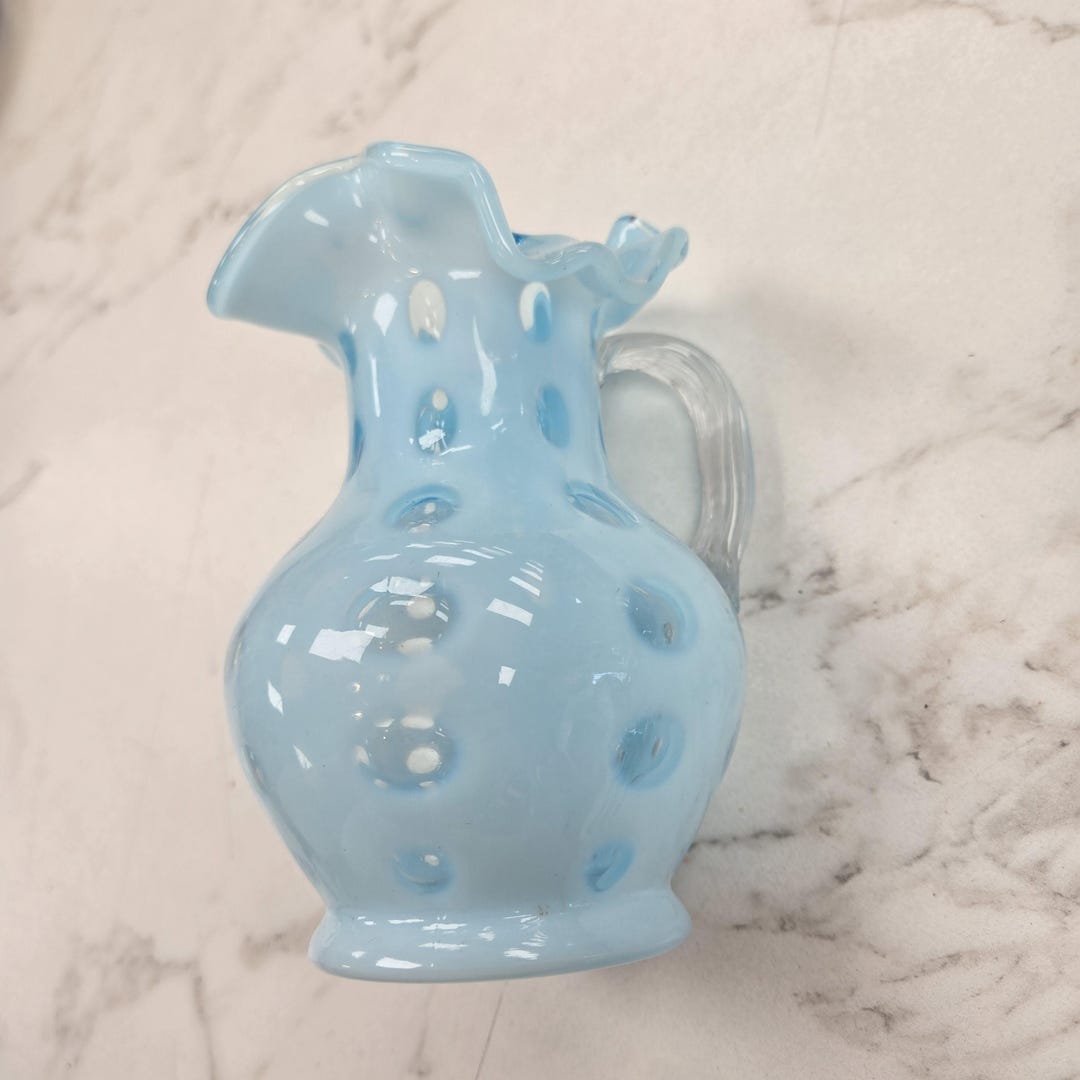 Rare Light Blue Fenton Opalescent Glass Coin Dot Pitcher Ruffled Rim ...
