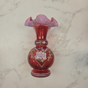 Vintage Fenton Glass Cranberry Hand Painted Vase Signed by Artist