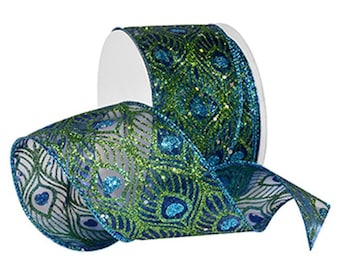 Plume de paon Turquoise Sparkle sur Pure 2.5 « Large Ruban filaire 20 Yards bleu vert paillettes pure inde exotique oiseau