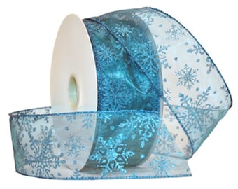 Turquoise Sparkle Snowflake on Sheer Turquoise 2.5 » Wide Wired Ribbon 50 Yards hiver noël arc couronne guirlande garniture pièce maîtresse