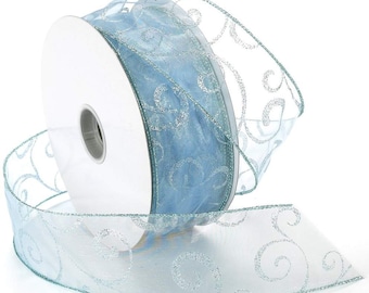Ice Blue Sparkle tourbillonne sur Sheer Blue 2.5 « Large ruban filaire 50 Yards vacances d’hiver neige cristal douche de mariage
