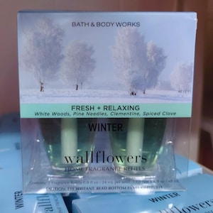 Op de afbeelding: Een doos met Wallflowers Home Fragrance Refills van Bath & Body Works in de geur "Winter". De geur wordt beschreven als "Fris + Ontspannend" en bevat tonen van wit hout, dennennaalden, clementine en gekruide kruidnagel. De doos bevat twee navullingen, elk 0,8 fl oz / 24 ml.