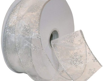 Silver Sparkle Snowflake on Sheer White 2.5 » Large Wired Ribbon 50 Yards Noël vacances de Noël vacances d’hiver couronne d’arbre guirlande garniture cadeau
