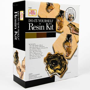 May include: A do-it-yourself resin kit with everything you need to make coasters. The kit includes resin, hardener, alcohol ink, glitter, stir sticks, measuring cups, mixing cups, a silicone coaster mold, and instructions.