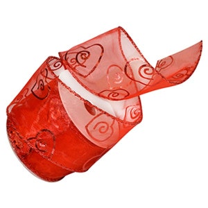 Forever More Red Swirl Hearts on Sheer Red 2.5 inches Wide Wired Ribbon 50 Yards valentines love wedding anniversary shower bow wreath