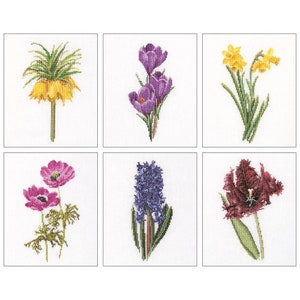 Floral Studies #3 On Linen Counted Cross Stitch Kit Thea Gouverneur flower sampler crocus daffodil hyacinth tulip anemone