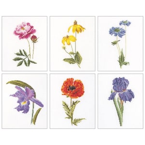 Floral Studies #5 On Linen Counted Cross Stitch Kit Thea Gouverneur sampler flowers peony orchid poppy iris rudbeckia