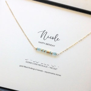 Custom Morse Code Birthstone Bar Name Necklace, Garnet Amethyst Aquamarine Quartz Emerald Moonstone Ruby Peridot Sapphire Opal Citrine Topaz