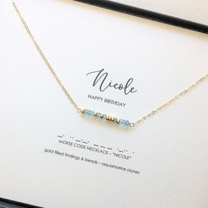 Custom Morse Code Birthstone Bar Name Necklace, Garnet Amethyst Aquamarine Quartz Emerald Moonstone Ruby Peridot Sapphire Opal Citrine Topaz image 1