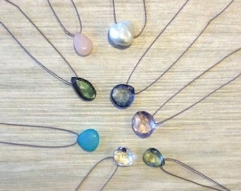 Briolette Necklace Silk Cord Custom Birthstone February April June October Pearl Opal Labradorite Chrysoprase Topaz Quartz Amethyst