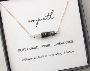 EMPATH Energy Bar Necklace l Protection Jewelry, Crystal Healing Gift l Rose Quartz, Pyrite, Labradorite