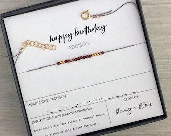 Birthstone Morse Code Bracelet, Custom Name Word Phrase Quote, Silk Cord Thread, Personalized Family Mama Aunt Godmother Push Present Friend