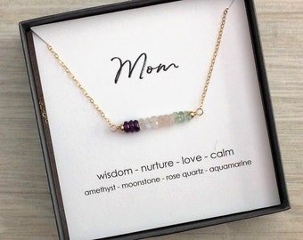 MOM Energy Bar Necklace Crystal Bar Mala Chakra Amethyst Moonstone Rose Quartz Aquamarine Push Present Baby Shower Mother's Day Gift