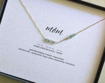 Mom l Family Morse Code Birthstone Bar Necklace,  Push Present Jewelry Gift, Godmother Nana Grandma, Name Birthstone, Custom Personalized