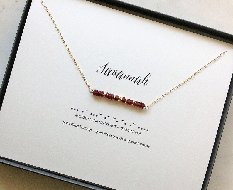 Custom Morse Code Birthstone Bar Name Necklace, Garnet Amethyst Aquamarine Quartz Emerald Moonstone Ruby Peridot Sapphire Opal Citrine Topaz image 6