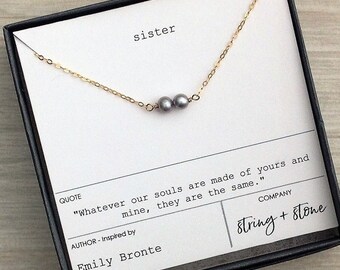 SISTER or FRIEND grey pearls on 16" chain, boxed gift card, Under 50, Sterling Silver, Gold Fill, Oxidized, Birthstone, Inspirational Quote