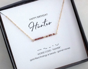 Custom Morse Code Birthstone Bar Name Necklace, Personalized Jewelry, Birthday Graduation Gift for Her Women Girls Godmother Push Present