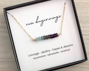 NEW BEGINNINGS Energy Bar Necklace, Crystal Bar Mala Chakra Yoga Retirement New Job Grief Courage Destiny Aquamarine Amethyst Labradorite