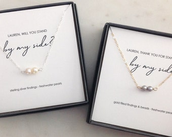 Custom "by my side" Pearl Bar Necklace, Will You Be My Bridesmaid Maid of Honor Matron of Honor Ask Proposal Gift Jewelry Thank You