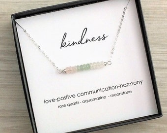 KINDNESS Energy Bar Necklace Custom Be Kind Mala Yoga Chakra Friend Family Coworker Gift Rose Quartz Crystal Quartz Moonstone
