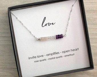 LOVE Energy Bar Necklace Valentines Day Gift Custom Mala Yoga Chakra Rose Quartz Crystal Quartz Amethyst Sister Family Best Friend Gift